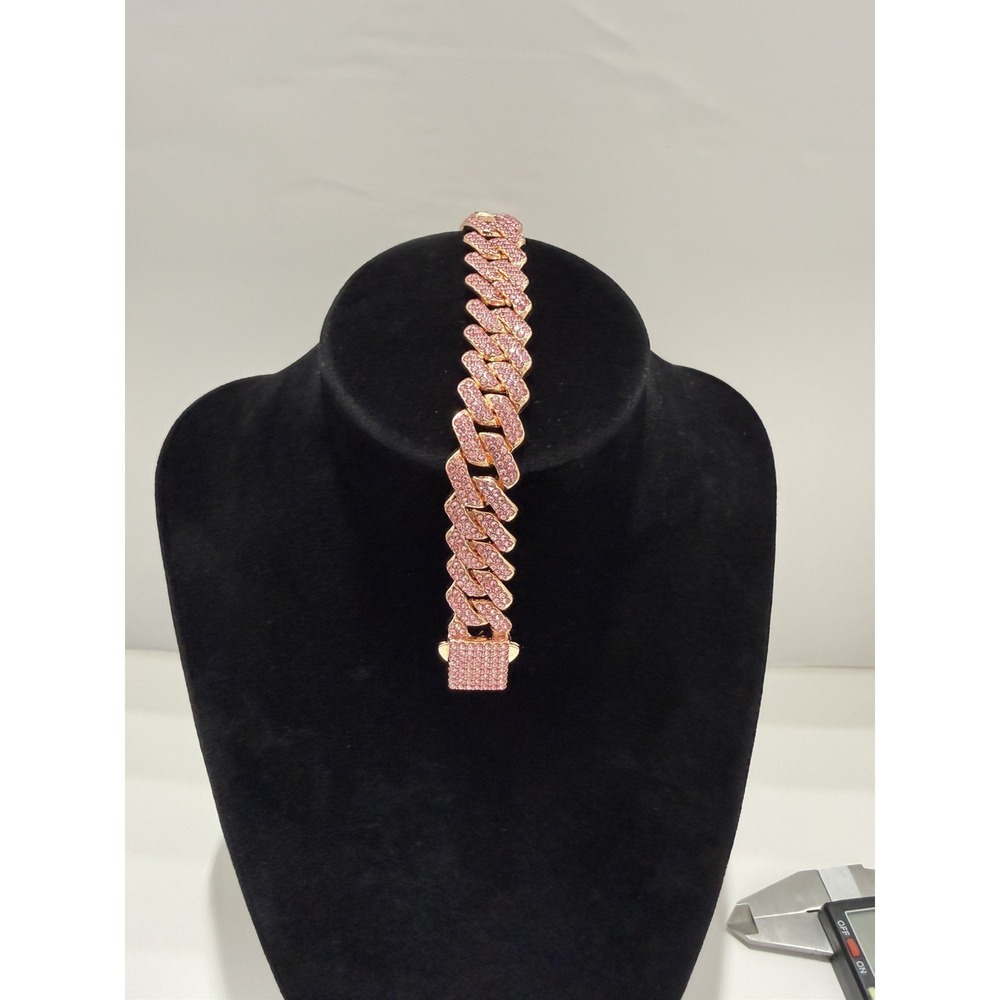 iced out pink on rose gold cuban bracelet vvscz stones 7 inch 14mm push lock
